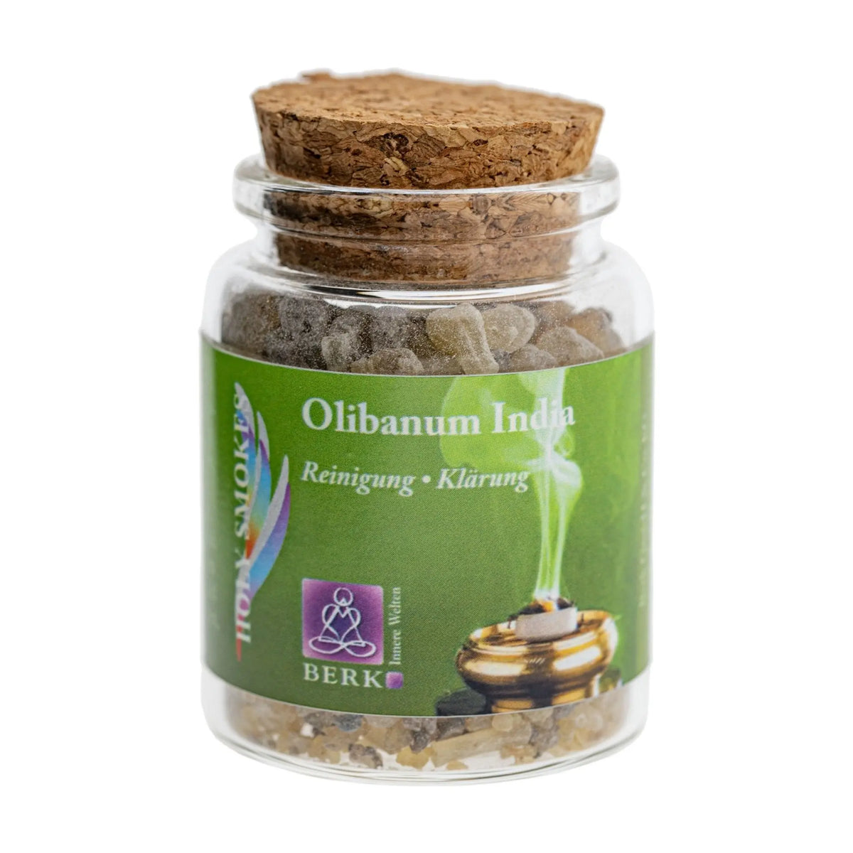 Olibanum India, reiner Weihrauch von Berk, 60 ml im Korkglas: Korkglas mit hellgrünem Etikett, freigestellt auf Weiß