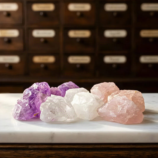 Naturbelassene Rohsteine der Wassersteine Grundmischung: Amethyst, Rosenquarz und Bergkristall in Nahaufnahme – Spirit of Gaia