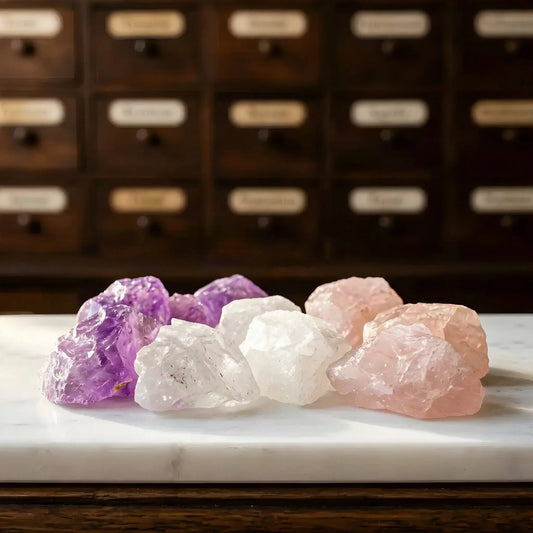 Naturbelassene Rohsteine der Wassersteine Grundmischung: Amethyst, Rosenquarz und Bergkristall in Nahaufnahme – Spirit of Gaia
