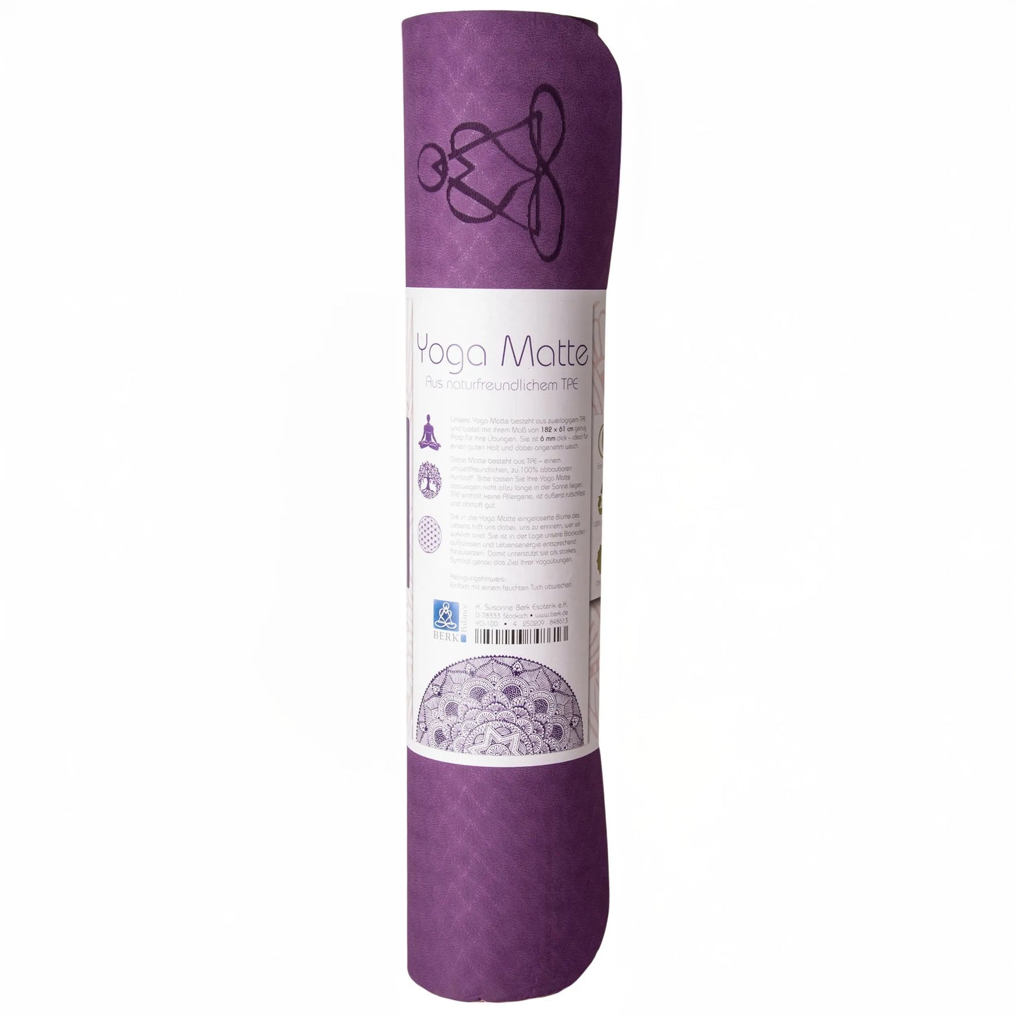 EcoBalance Yogamatte TPE – 6 mm | ultraleicht | Blume des Lebens | dunkellila / zartlila | inkl. Tragegurt Berk