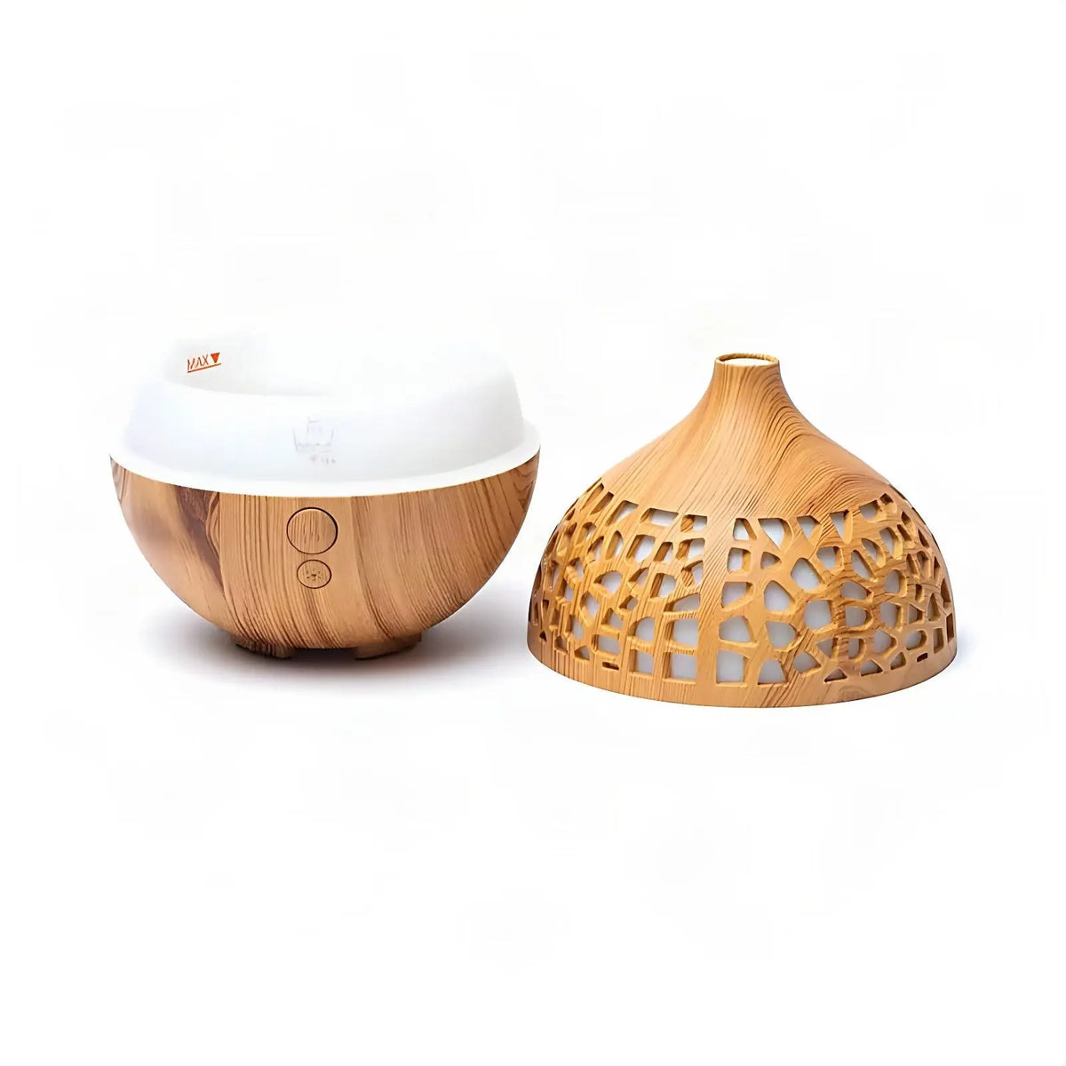 Aroma Diffuser Deco Round geöffnet: Sockel mit Wassertank und abgenommene Haube in Holzoptik