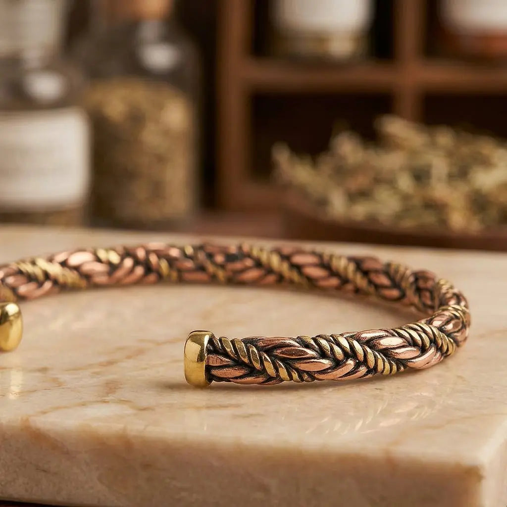 Detail der Messing-Endkappen des gedrehten Kupfer-Messing-Armbands
