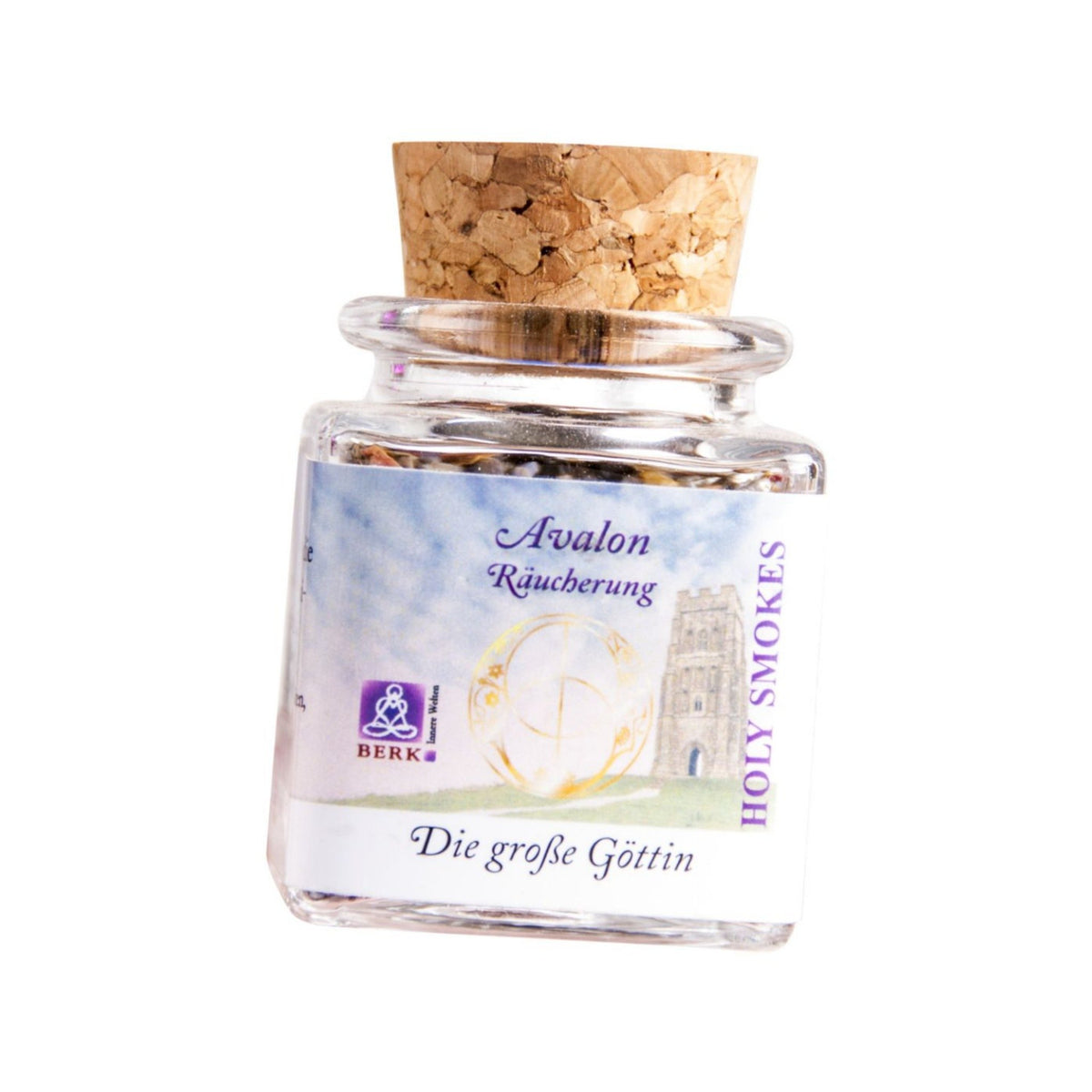 Die große Göttin, Avalon-Räuchermischung von Berk, 50 ml im Korkglas: Korkglas mit Avalon-Etikett, freigestellt auf Weiß
