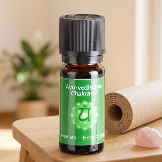 Ayurvedisches Chakra-Öl Anahata (Herz-Chakra): 10-ml-Fläschchen auf einem Holzhocker neben einer gerollten Yogamatte, daneben Rosenquarz