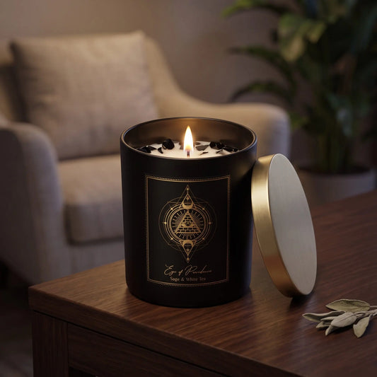 Manifestationskerze Eye of Providence mit Obsidian (Salbei & weißer Tee): brennende Kerze im schwarzen Glas auf einem dunklen Holztisch im Wohnzimmer am Abend, daneben getrocknete Salbeiblätter