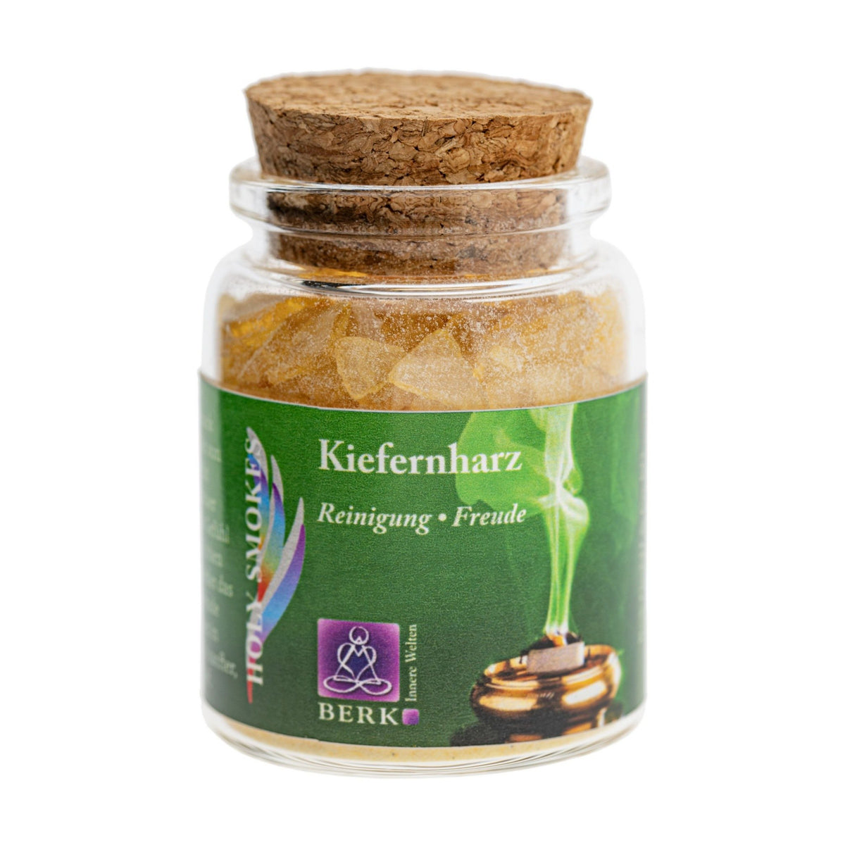 Kiefernharz, reines Räucherharz von Berk, 60 ml im Korkglas: Korkglas mit grünem Etikett, freigestellt auf Weiß