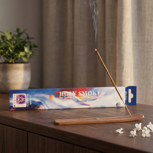 Jasmin Räucherstäbchen Blue Line: glimmendes Räucherstäbchen mit feinem Rauch im Holzhalter, dahinter die Packung, auf einem Sideboard am Abend