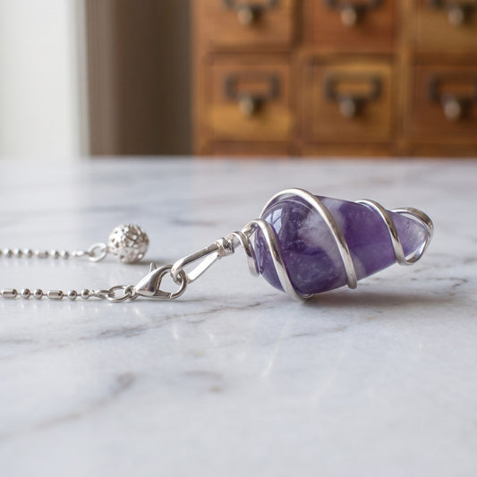 Nahaufnahme: violetter Amethyst in der versilberten Messingspirale, liegend auf Marmor