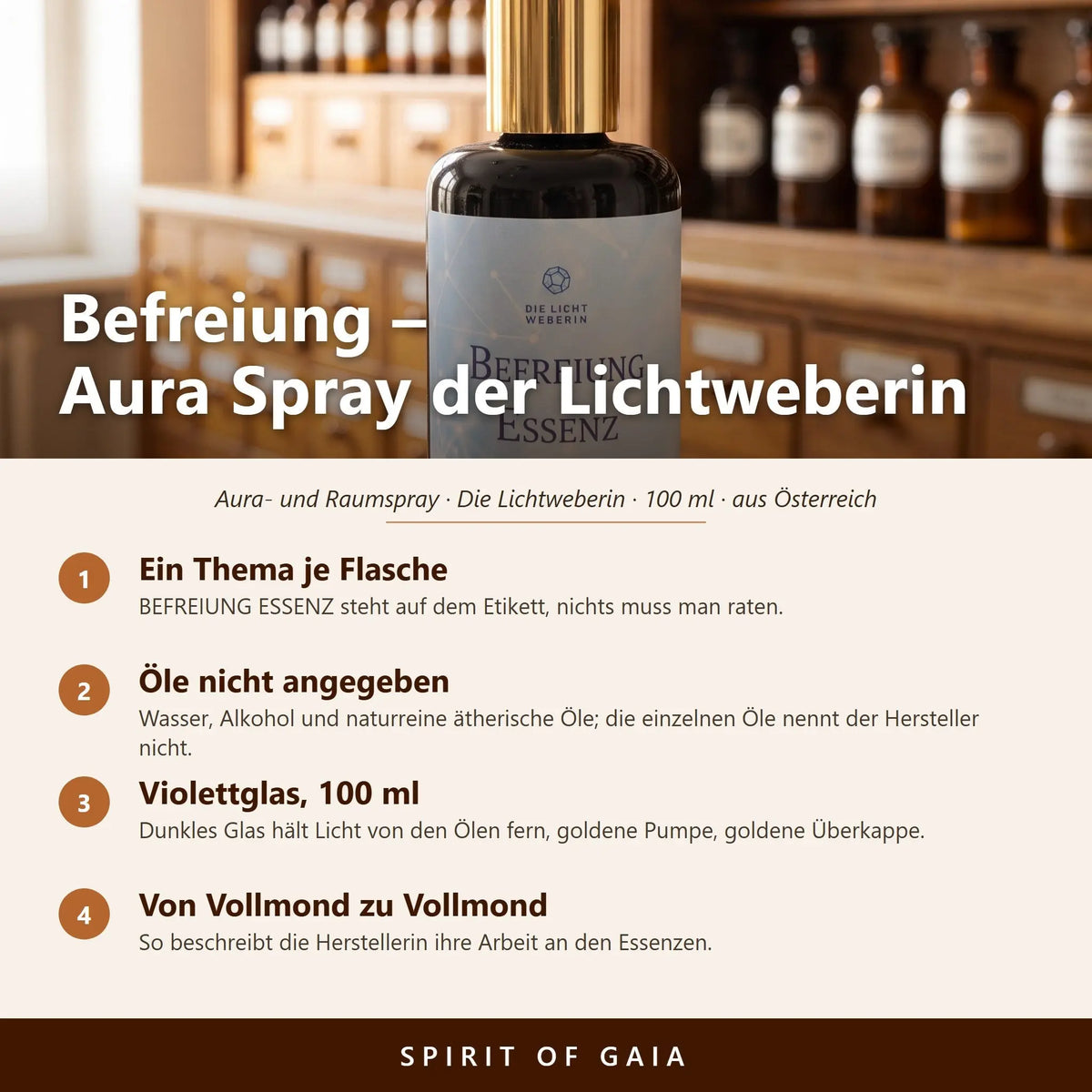 Übersicht zum Aura Spray Befreiung: Thema, Violettglas, Füllmenge 100 ml und Herstellung in Österreich