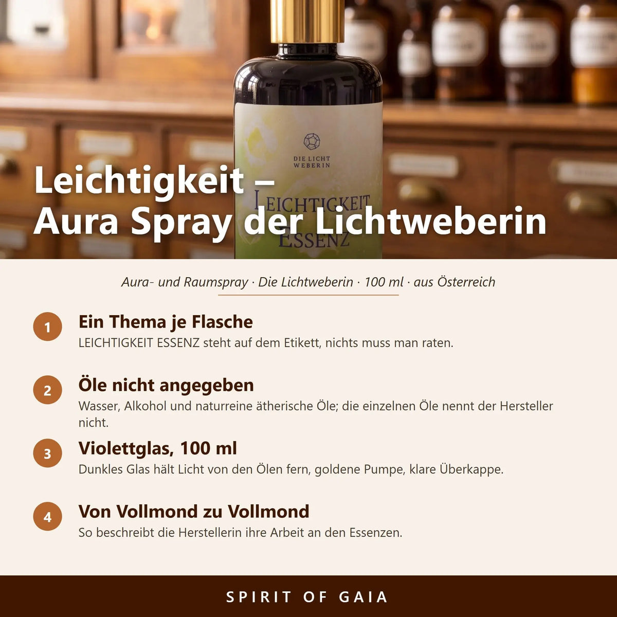 Übersicht zum Aura Spray Leichtigkeit: Thema, Violettglas, Füllmenge 100 ml und Herstellung in Österreich