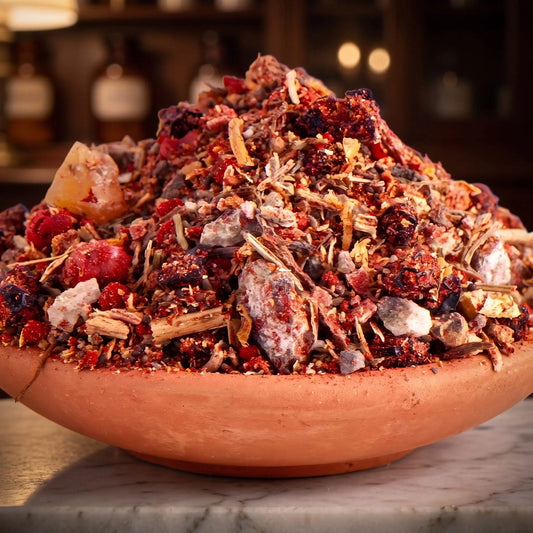 Dämonenvertreiber, Räuchermischung der Reihe Kraftvoll Räuchern von Berk, 60 ml im Bügelglas: Nahaufnahme der Terracottaschale mit rotem Sandelholz, rosa Pfefferbeeren und Harz vor der warmen, unscharfen Abendapotheke – Spirit of Gaia
