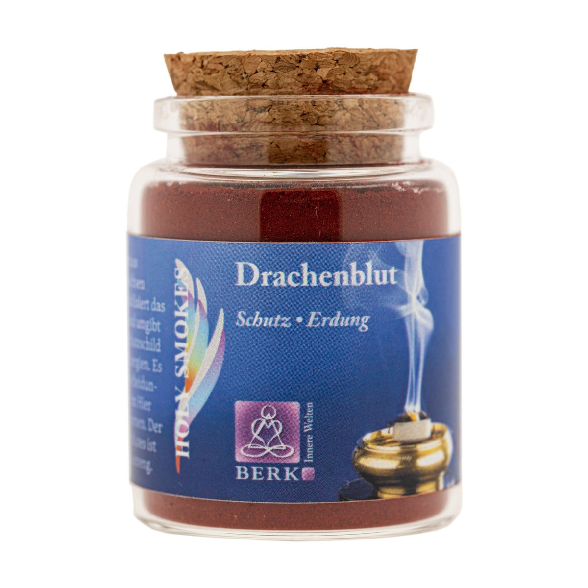 Drachenblut Pulver, reines Räucherharz von Berk, 60 ml im Korkglas: Korkglas mit blauem Etikett, freigestellt auf Weiß