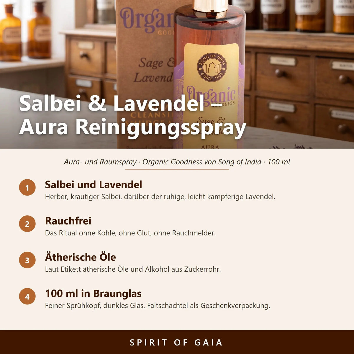Übersicht zum Aura Reinigungsspray Salbei und Lavendel: Duft, rauchfreie Anwendung, ätherische Öle und Füllmenge 100 ml