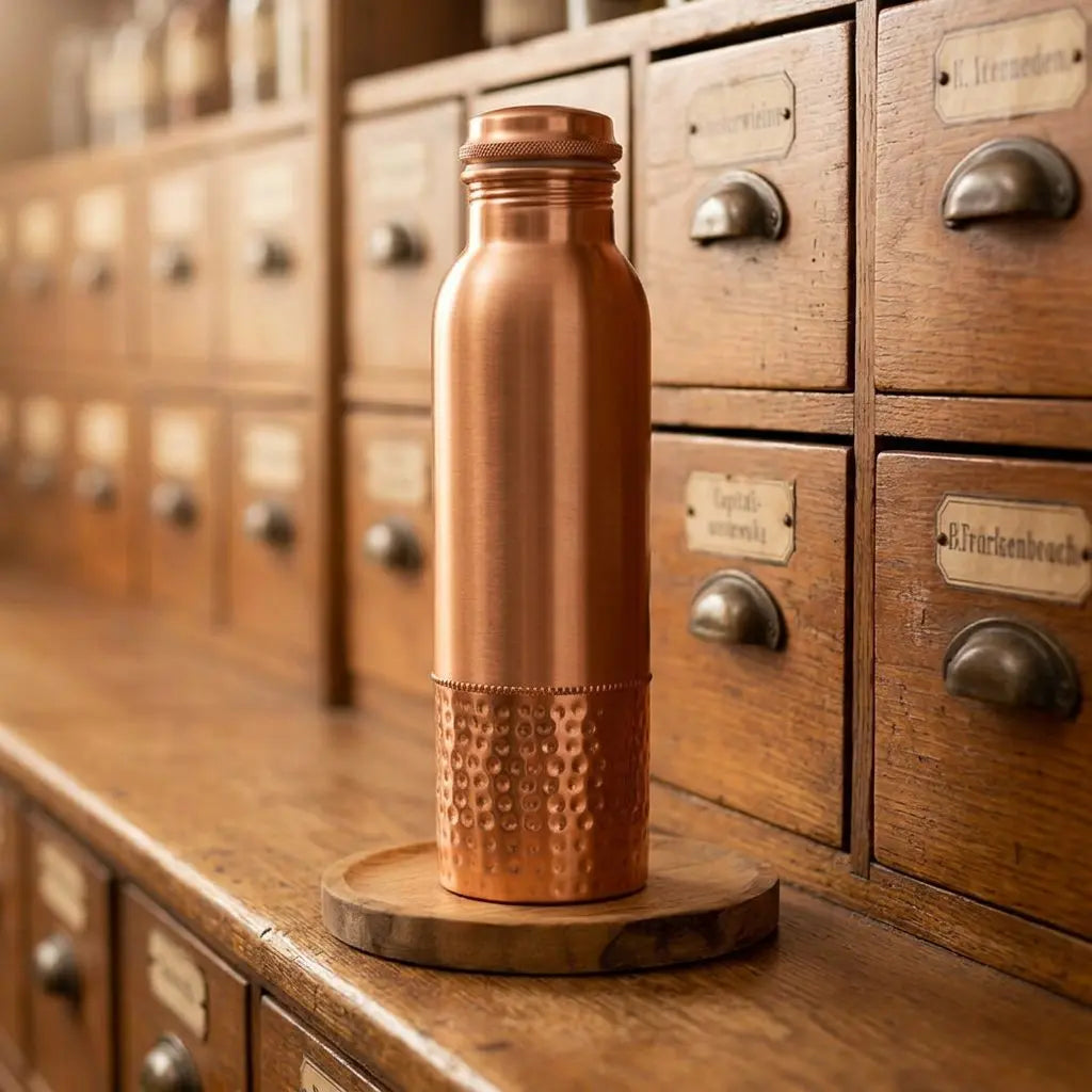 Kupfer-Trinkflasche mit gehämmertem Sockel aus seitlichem Blickwinkel im Apothekerregal