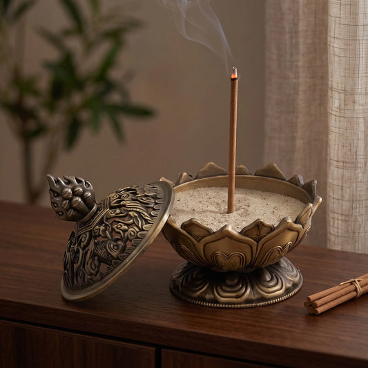 Räucherstäbchenhalter Lotus bronzefarbig in Benutzung mit feinem Rauch auf einem dunklen Holz-Sideboard am Abend