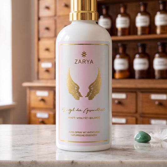 Nahaufnahme des Etiketts: Zarya, goldene Flügel, Engel der Gesundheit, Aura Spray mit Aventurin