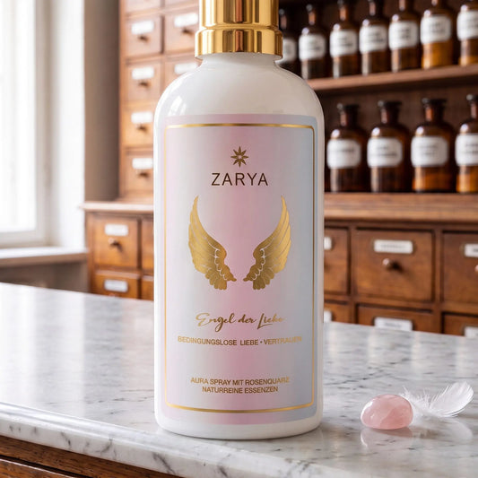 Nahaufnahme des Etiketts: Zarya, goldene Flügel, Engel der Liebe, Aura Spray mit Rosenquarz