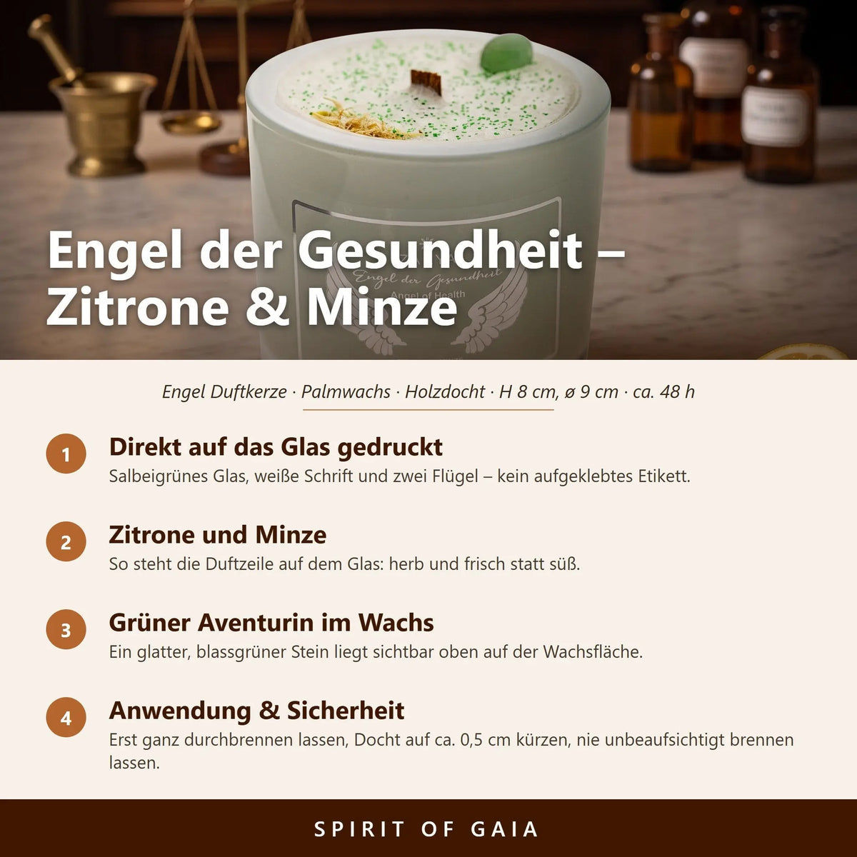 Infografik zur Engelkerze Engel der Gesundheit von Zarya: Aufdruck direkt auf dem Glas, Duft Zitrone und Minze, Holzdocht, Anwendung und Sicherheit