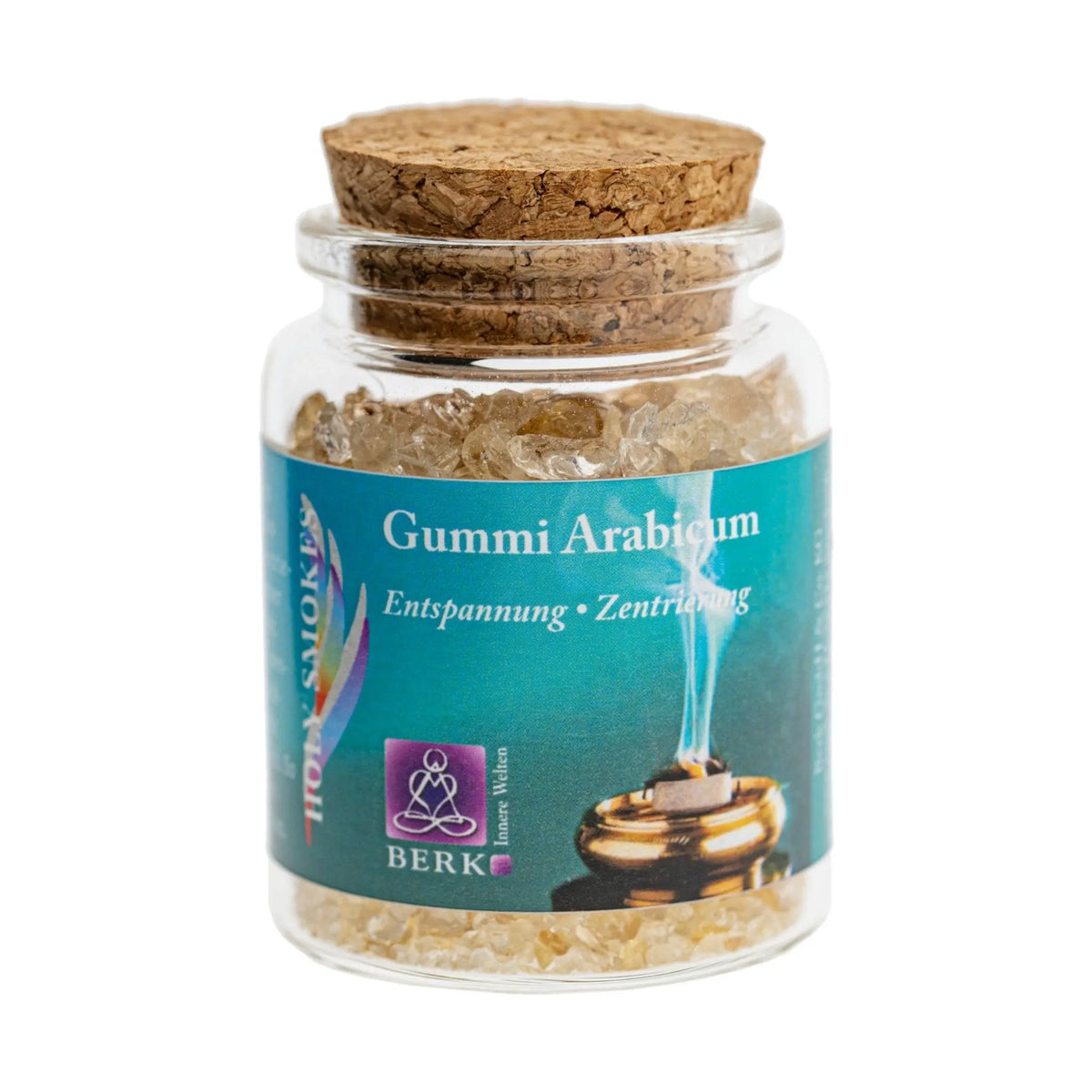 Gummi Arabicum, reines Räucherharz von Berk, 60 ml im Korkglas: Korkglas mit türkisfarbenem Etikett, freigestellt auf Weiß