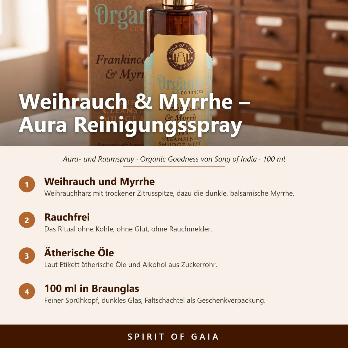 Übersicht zum Aura Reinigungsspray Weihrauch und Myrrhe: Duft, rauchfreie Anwendung, ätherische Öle und Füllmenge 100 ml