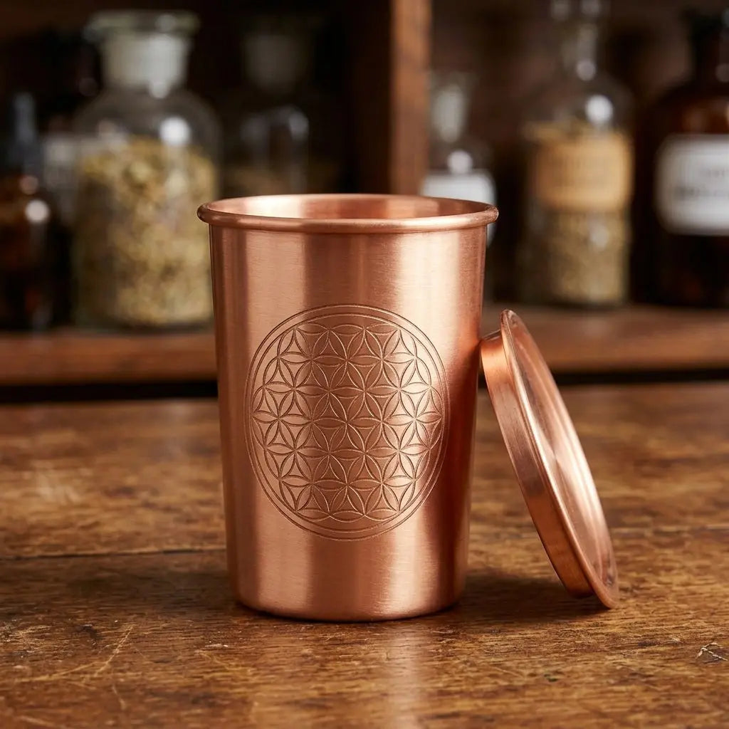 Kupferbecher Flower of Life mit Deckel aus seitlichem Blickwinkel im Apothekerregal