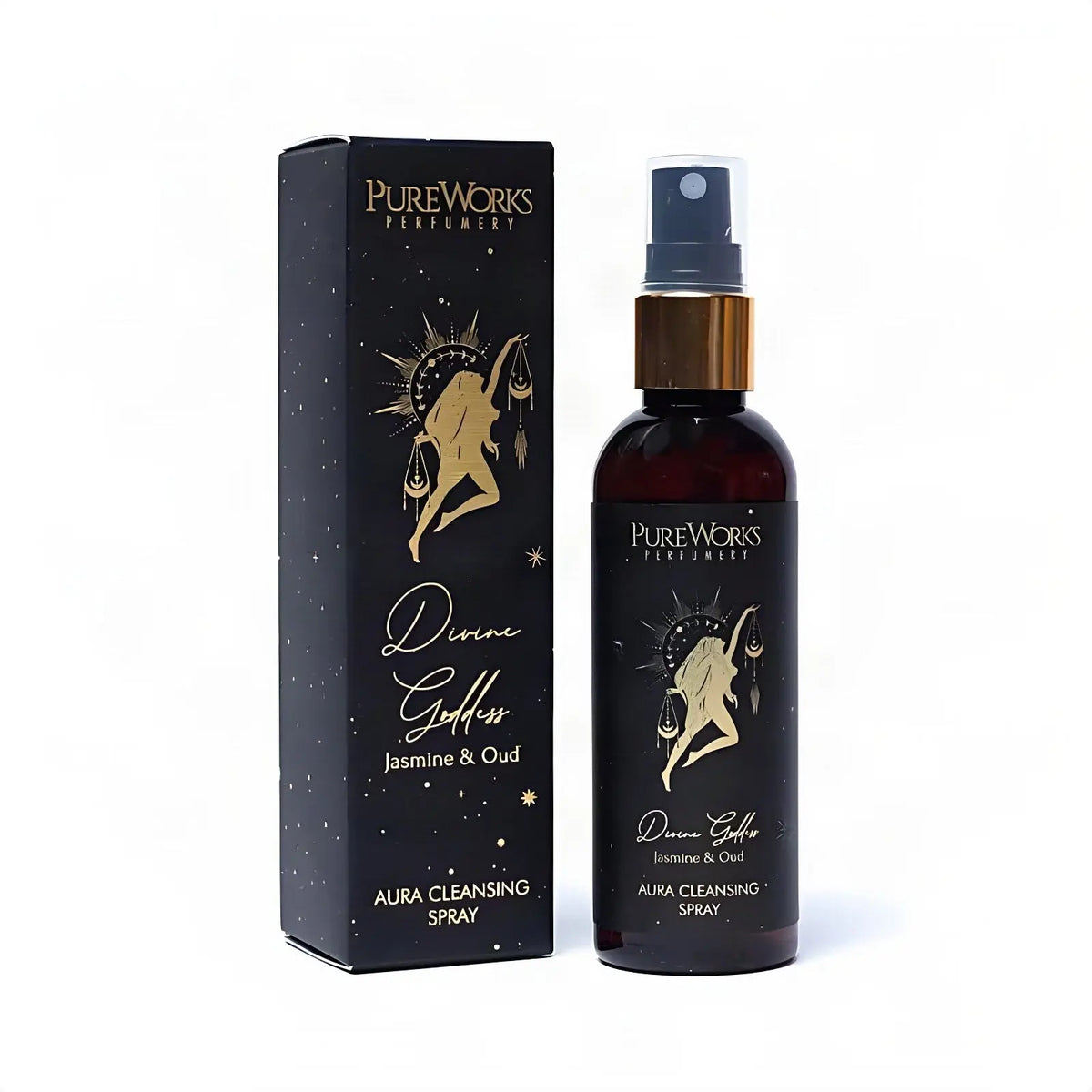 Aura-Spray Divine Goddess (Jasmin & Oud), Sprühflasche und Schachtel, freigestellt auf Weiß