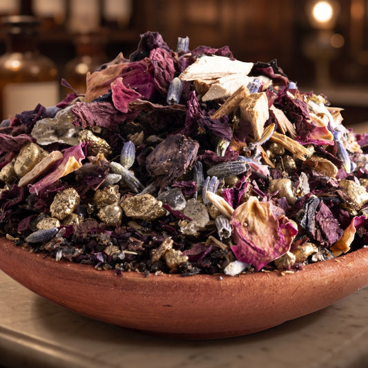Kronenchakra, Chakra-Räuchermischung von Berk, 50 ml im Korkglas: Nahaufnahme der Terracottaschale mit Rosenblättern, Hölzern, Lavendel und goldenen Harzstücken vor der warmen, unscharfen Abendapotheke – Spirit of Gaia