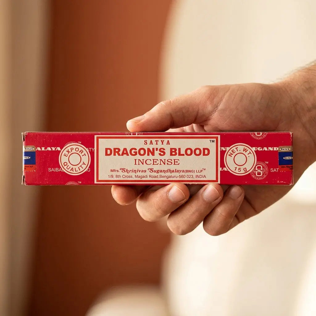 Satya Dragon's Blood Räucherstäbchen – Größenvergleich in der Hand