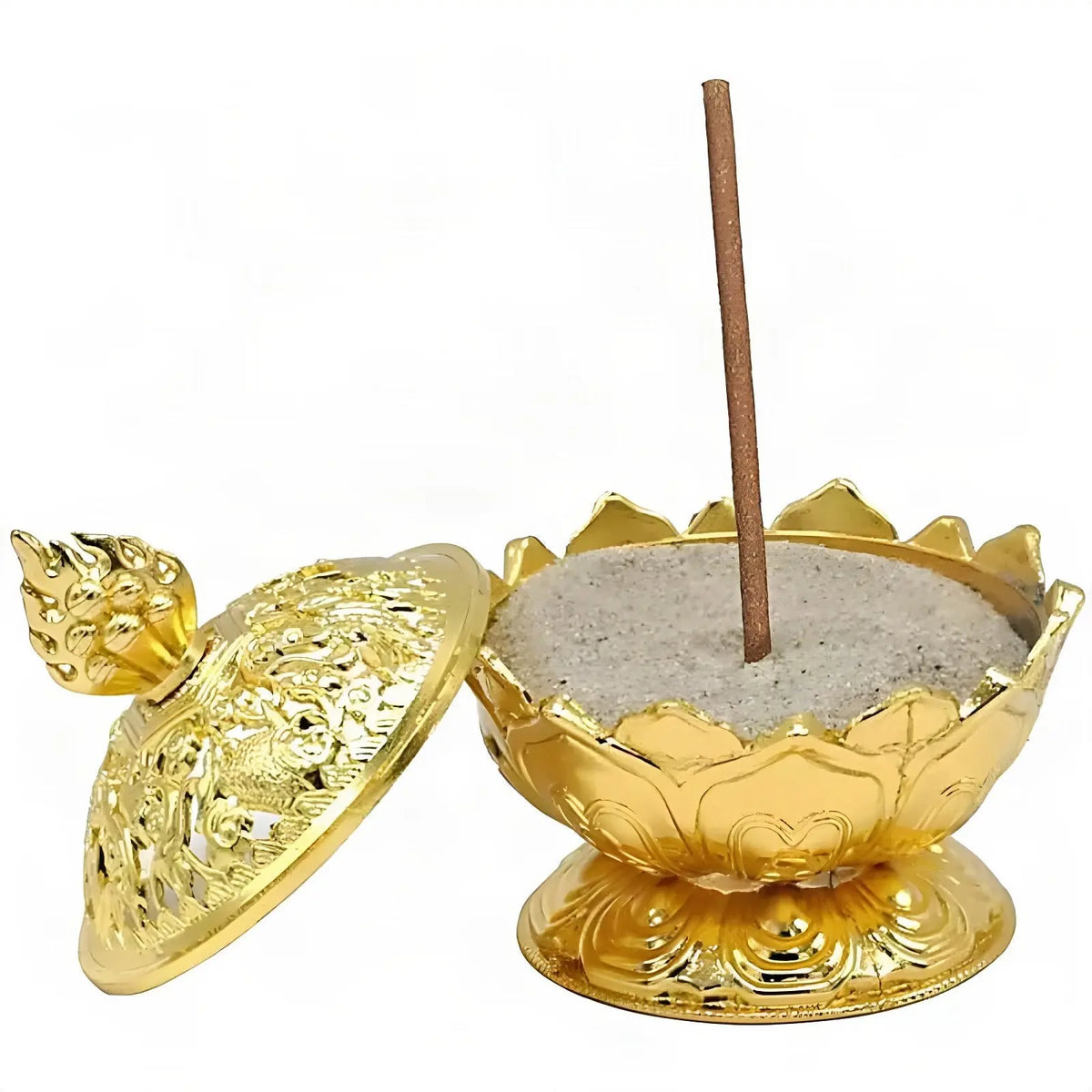 Räucherstäbchenhalter Lotus goldfarbig, freigestellt auf Weiß