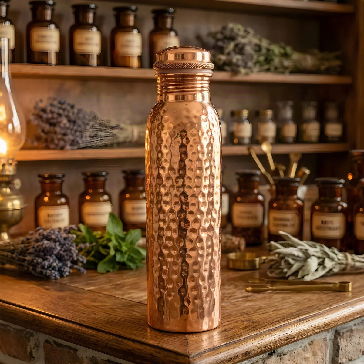Gehämmerte Kupfer-Trinkflasche Ayurveda aus seitlichem Blickwinkel im Apothekerregal