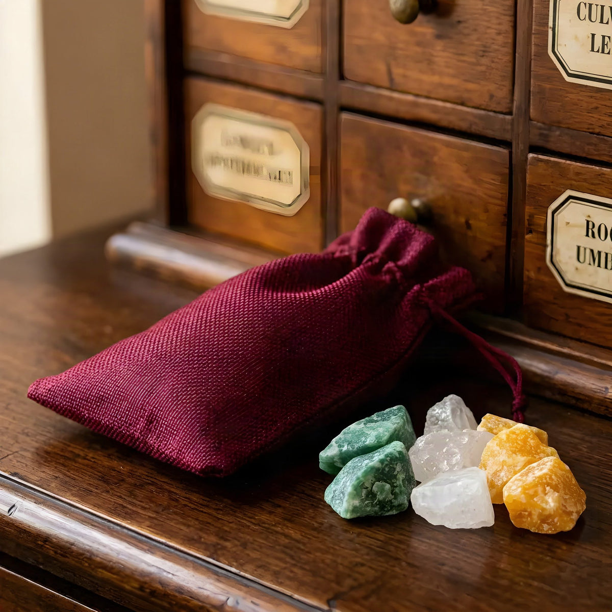 Dunkelrotes Jutesäckchen der Wassersteine Kraft und Mut mit Jutestruktur und Rohsteinen Aventurin, Orangencalcit und Bergkristall – Spirit of Gaia
