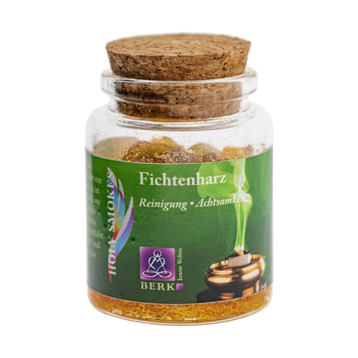 Fichtenharz, reines Räucherharz von Berk, 60 ml im Korkglas: Korkglas mit grünem Etikett, freigestellt auf Weiß