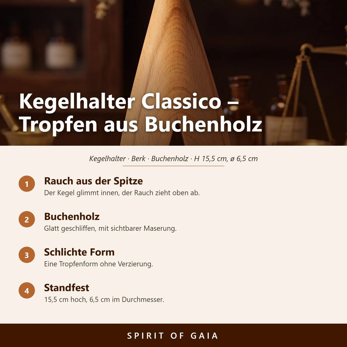 Übersicht zu Kegelhalter Classico aus Buchenholz: Rauch aus der Spitze, Buchenholz, Schlichte Form, Standfest