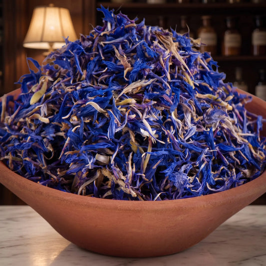 Leuchtend blaue Kornblumenblüten aus der Nähe in einer Terracottaschale