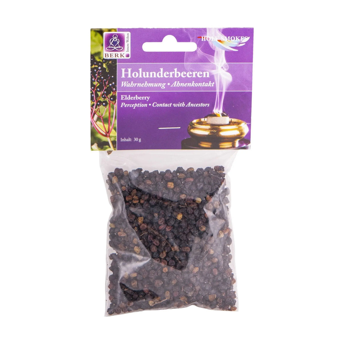 Holunderbeeren, sortenreines Räucherwerk von Berk, 30 g: Tüte mit violettem Kartonkopf, freigestellt auf Weiß