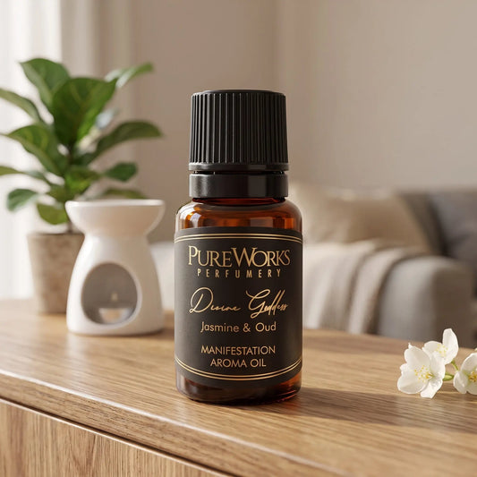Aromaöl Divine Goddess (Jasmin & Oud): Fläschchen auf einem Holz-Sideboard im Wohnzimmer, im Hintergrund eine weiße Duftlampe, daneben weiße Jasminblüten