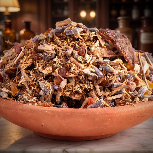 Gegen Albträume, Räuchermischung der Reihe Kraftvoll Räuchern von Berk, 60 ml im Bügelglas: Nahaufnahme der Terracottaschale mit Wurzeln, Rinden und Lavendel vor der warmen, unscharfen Abendapotheke – Spirit of Gaia