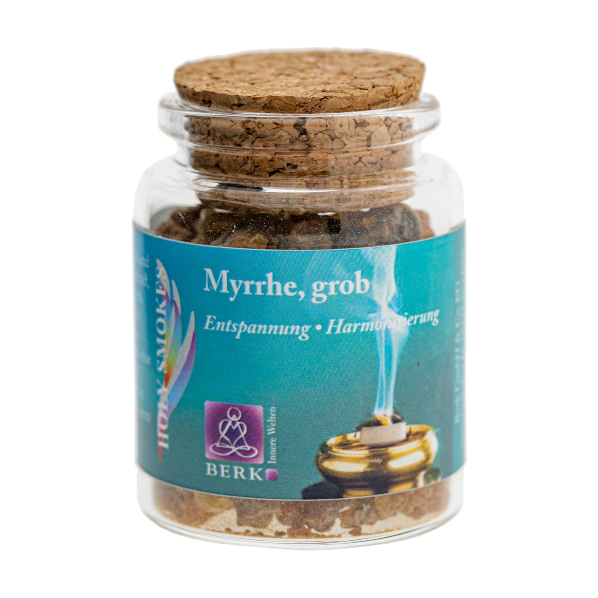 Myrrhe grob, reines Räucherharz von Berk, 60 ml im Korkglas: Korkglas mit türkisfarbenem Etikett, freigestellt auf Weiß