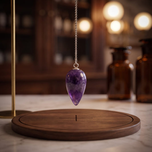 Amethyst-Pendel mit Edelstahl-Panzerkette, Tropfen ca. 2,5 cm: hängt frei an seiner Kette über einem runden Pendelbrett aus Nussbaum, warme Abendstimmung – Spirit of Gaia