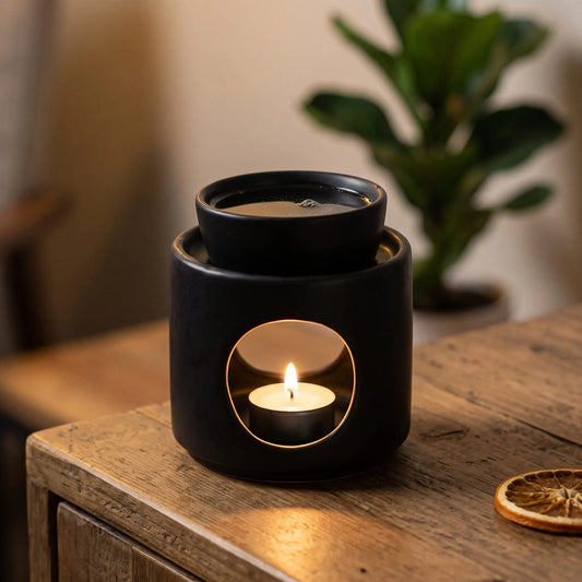 Aromalampe Black Elegance: mit brennendem Teelicht auf einem Holz-Sideboard im Wohnzimmer am Abend, daneben eine getrocknete Orangenscheibe