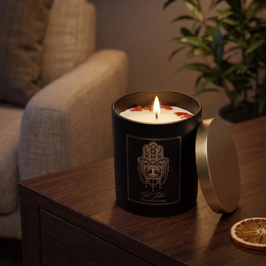 Manifestationskerze Good Fortune mit rotem Jaspis (Patchouli & Orange): brennende Kerze im schwarzen Glas auf einem dunklen Holztisch im Wohnzimmer am Abend, daneben eine getrocknete Orangenscheibe