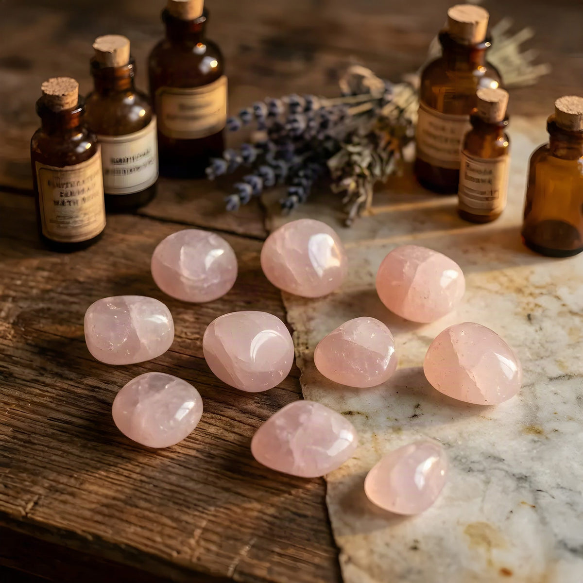 Rosenquarz Trommelsteine – mehrere Steine als Gruppe im Apotheker-Setting