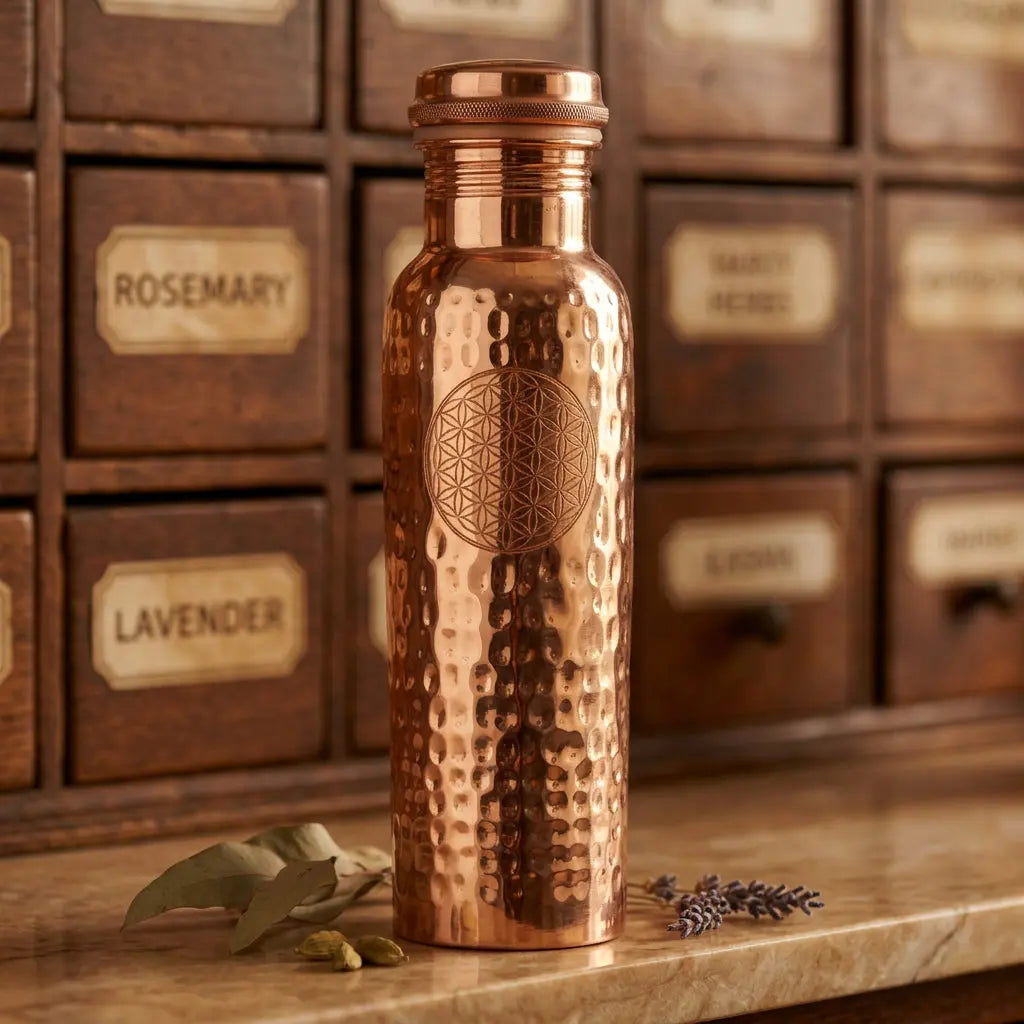 Kupferflasche Blume des Lebens 650 ml im Dreiviertel-Winkel mit sichtbarer Gravur