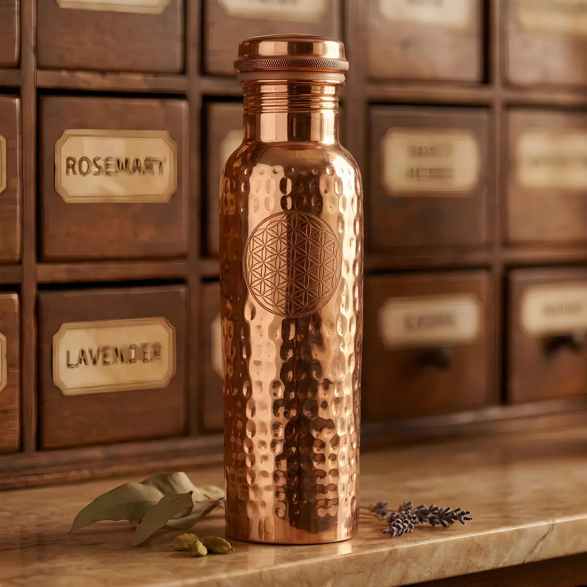 Kupferflasche Blume des Lebens 650 ml im Dreiviertel-Winkel mit sichtbarer Gravur