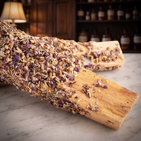 Nahaufnahme der beiden Palo-Santo-Stäbe mit Überzug aus Holzspänen und violetten Lavendelblüten und dem blanken hellen Holzende