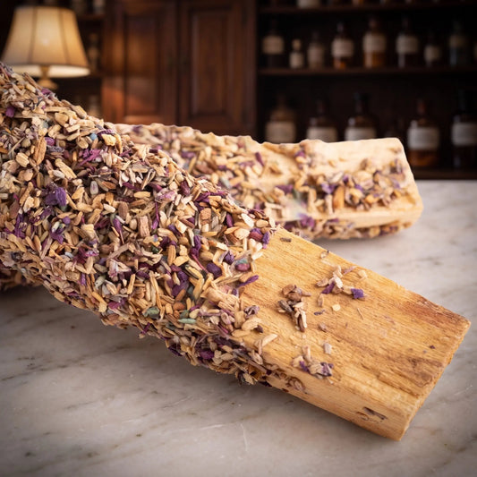 Nahaufnahme der beiden Palo-Santo-Stäbe mit Überzug aus Holzspänen und violetten Lavendelblüten und dem blanken hellen Holzende