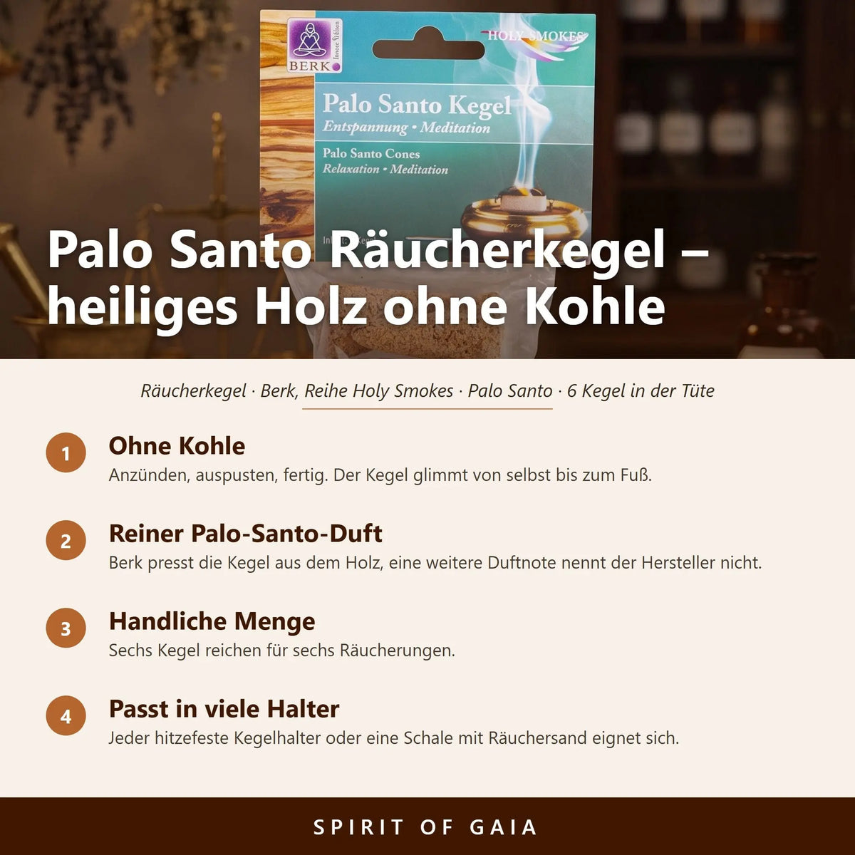 Übersicht zu Palo Santo Räucherkegel, 6 Stück: Ohne Kohle, Reiner Palo-Santo-Duft, Handliche Menge, Passt in viele Halter