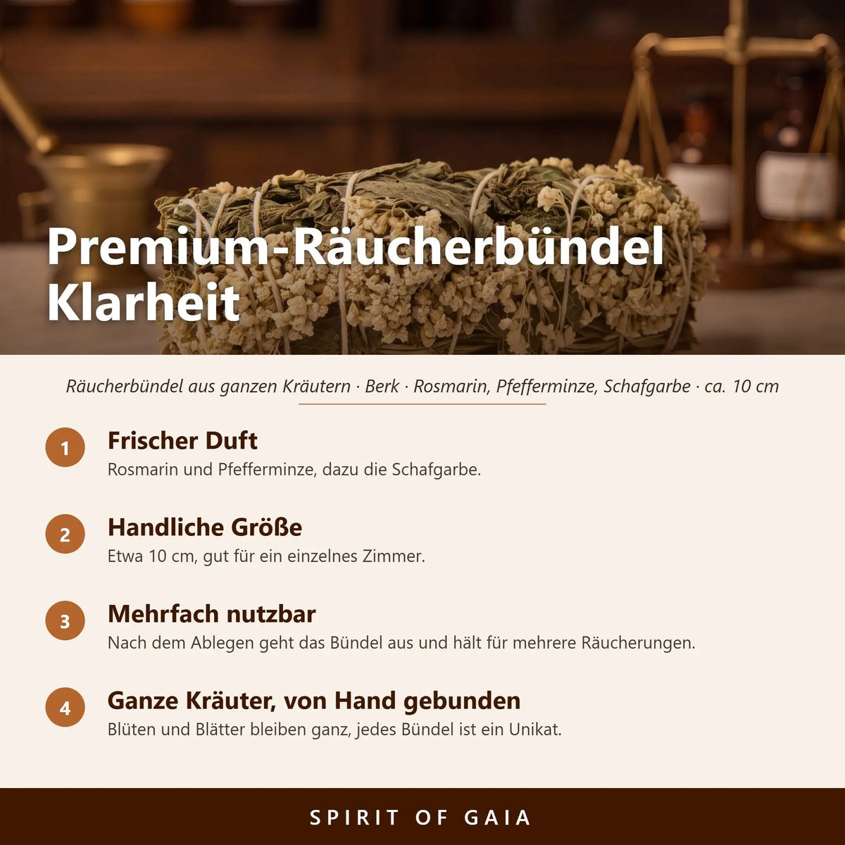 Übersicht zu Premium-Räucherbündel Klarheit: Frischer Duft, Handliche Größe, Mehrfach nutzbar, Ganze Kräuter, von Hand gebunden
