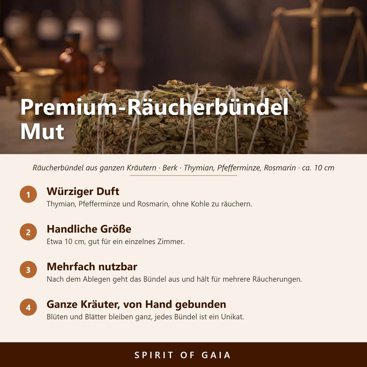 Übersicht zu Premium-Räucherbündel Mut: Würziger Duft, Handliche Größe, Mehrfach nutzbar, Ganze Kräuter, von Hand gebunden