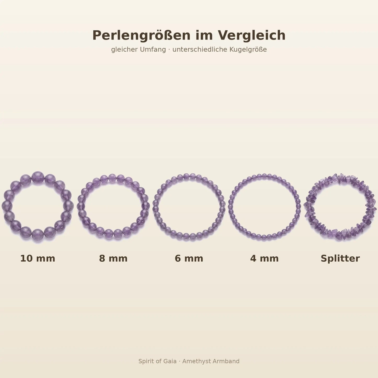 Amethyst Armband Größenvergleich – Perlengrößen 10, 8, 6 und 4 mm sowie Splitter bei gleichem Umfang
